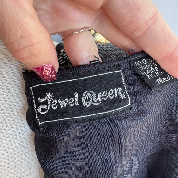 Vintage Black Sequin Silk Cardigan with Green Floral Sequin Accents - Picture 6 of 11